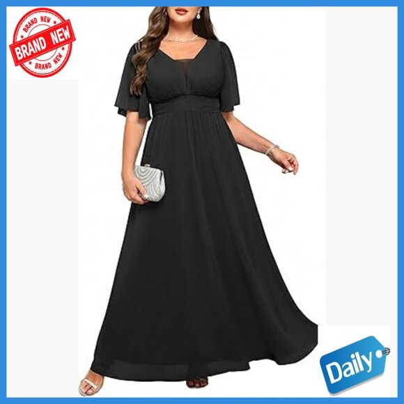 Plus Size Formal Maxi Dress V Neck Flutter Sleeves Chiffon Evening Gown